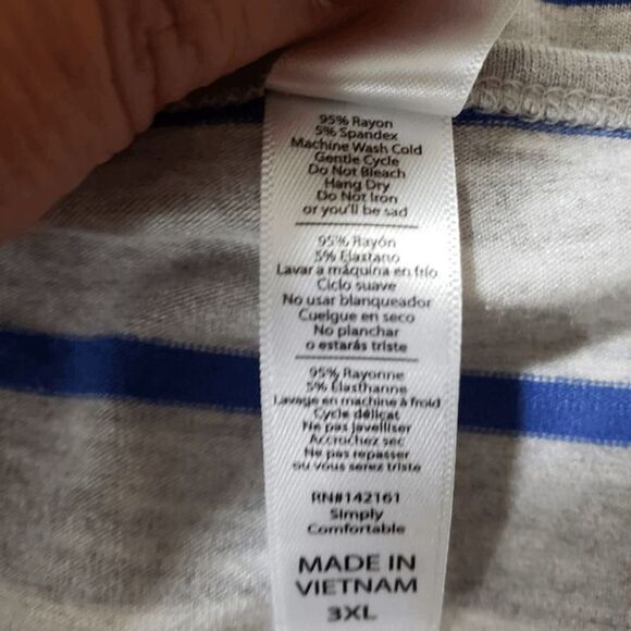 LuLaRoe Gray Top Blue White Horizontal Stripes Scoop Neck Slits Extra Wide - Picture 4 of 7